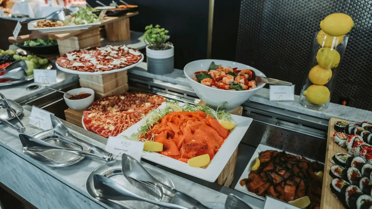 A selection of buffet dishes arranged for service