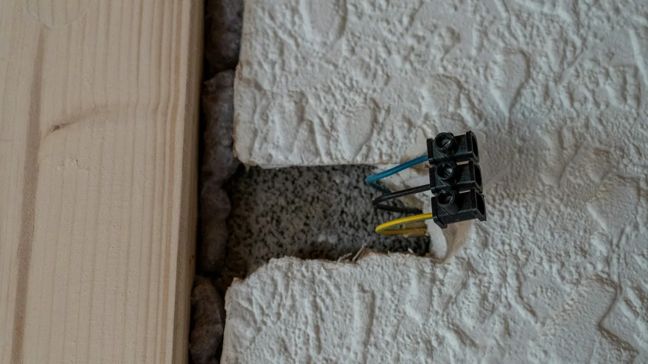 Exposed wires with a terminal block in an unfinished textured wall